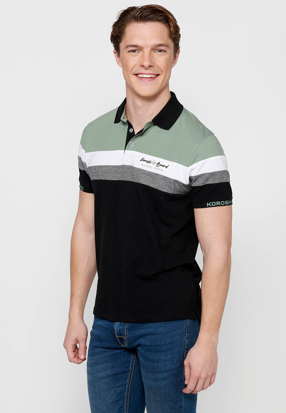 Kurzarm-Poloshirt aus 100 % Baumwolle, Streifendetail auf der Brust, schwarze Farbe für Herren 6