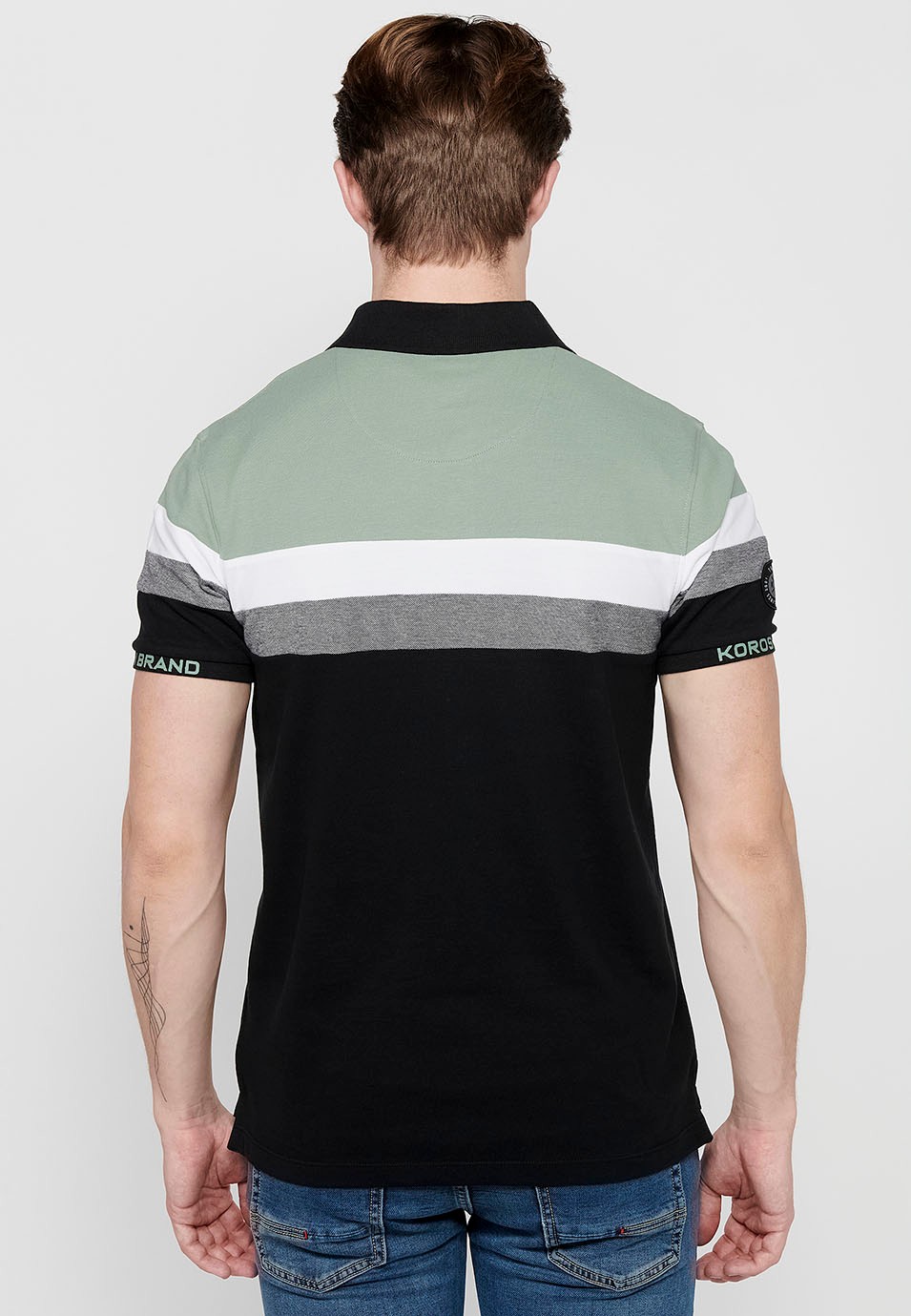Kurzarm-Poloshirt aus 100 % Baumwolle, Streifendetail auf der Brust, schwarze Farbe für Herren 5