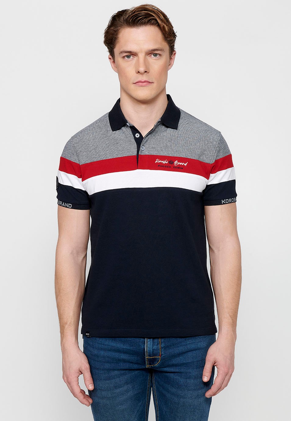 100% cotton short sleeve polo shirt, striped detail on the chest, navy color for men 6