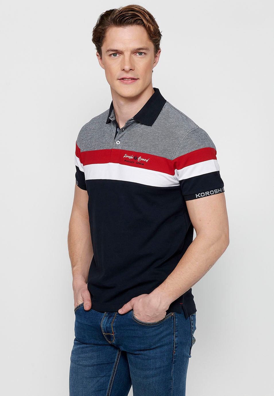 100% cotton short sleeve polo shirt, striped detail on the chest, navy color for men 3
