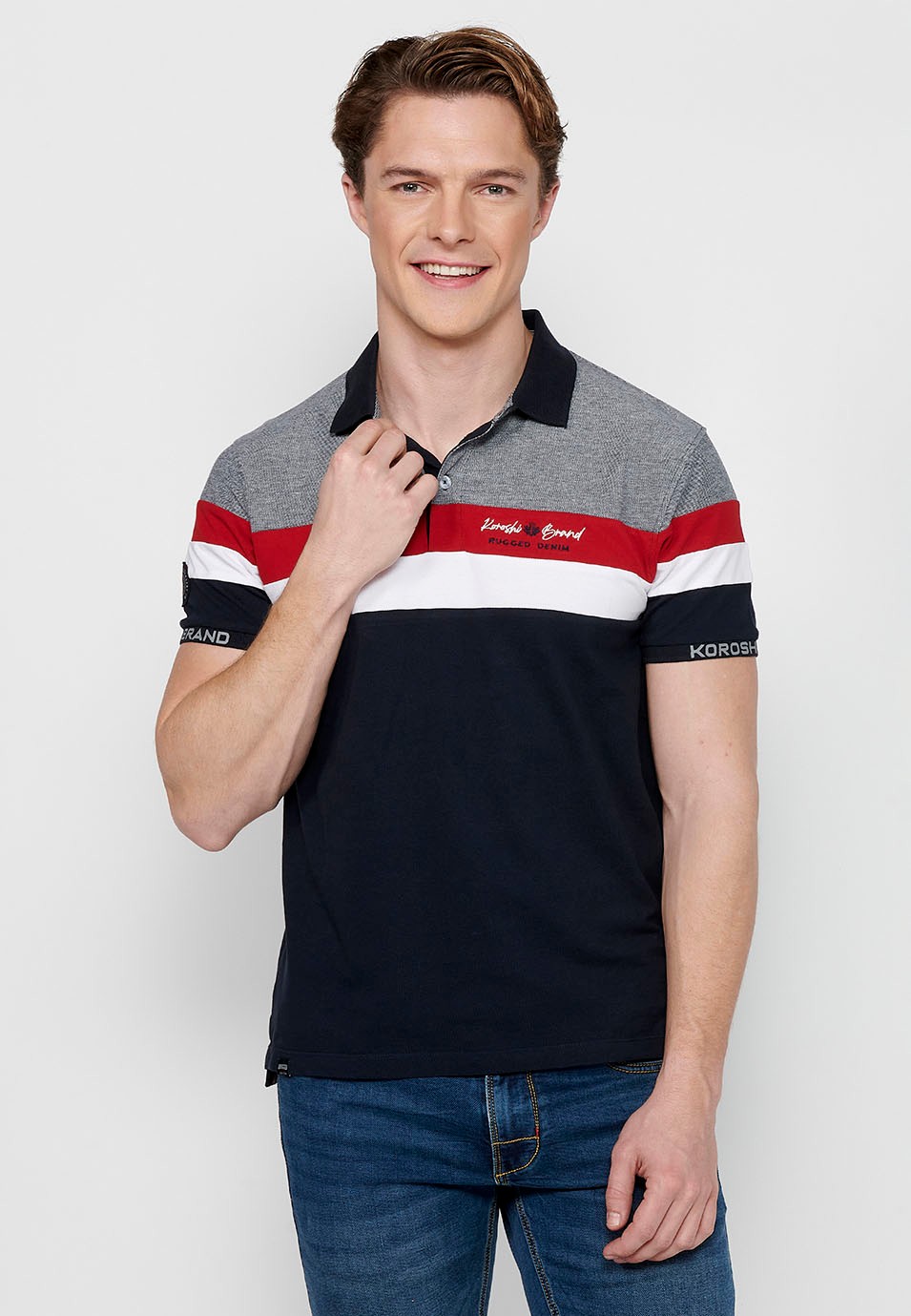 Kurzarm-Poloshirt aus 100 % Baumwolle, Streifendetail auf der Brust, Marineblau für Herren 1