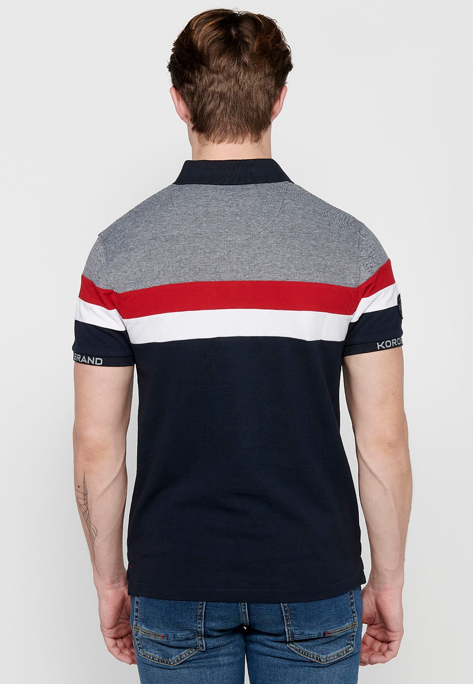 Kurzarm-Poloshirt aus 100 % Baumwolle, Streifendetail auf der Brust, Marineblau für Herren 8