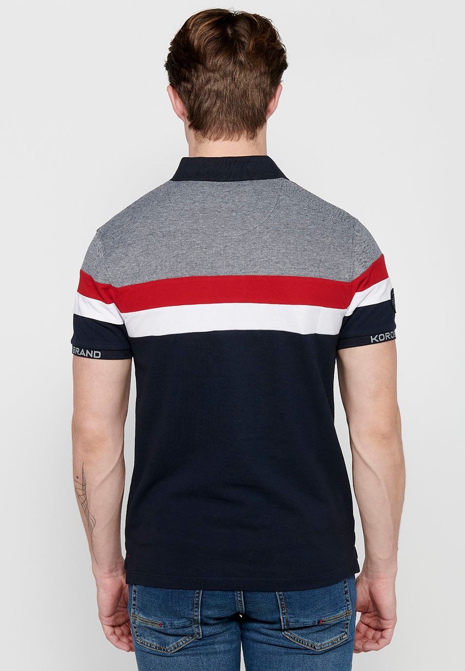 100% cotton short sleeve polo shirt, striped detail on the chest, navy color for men 8