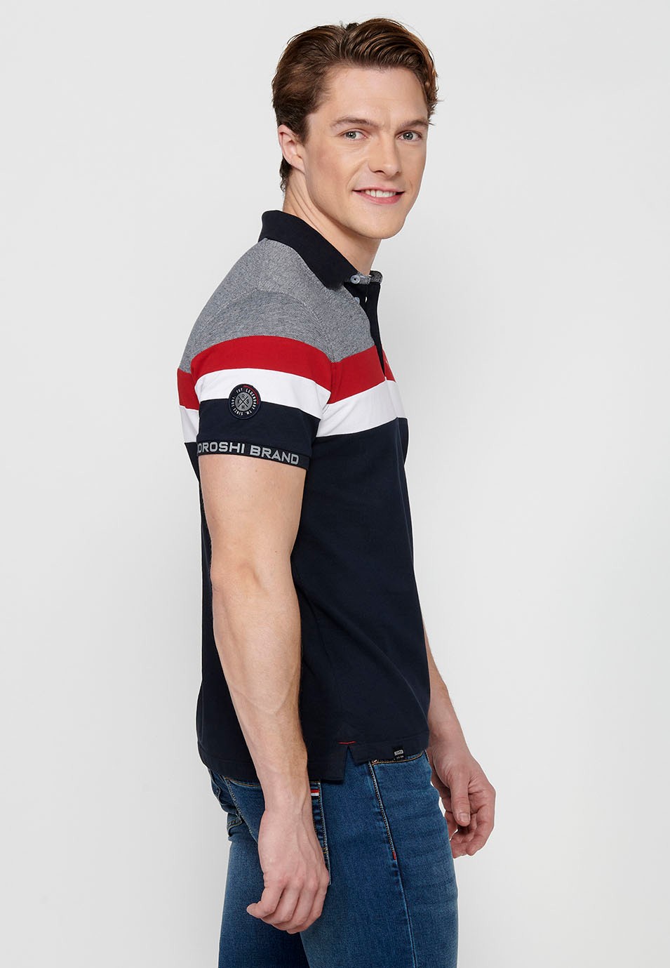 Kurzarm-Poloshirt aus 100 % Baumwolle, Streifendetail auf der Brust, Marineblau für Herren 7