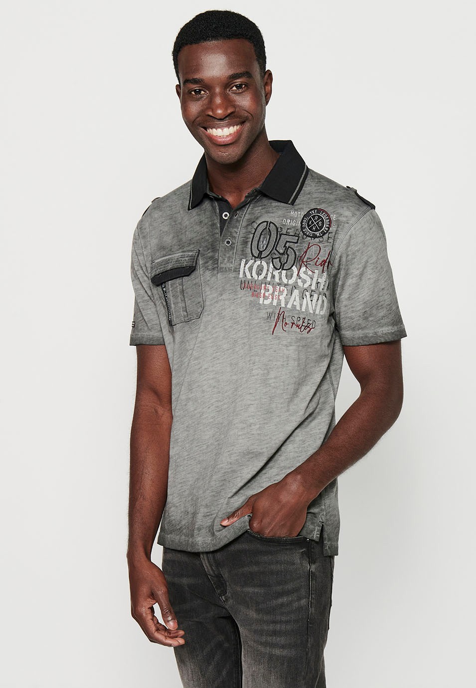 Short-sleeved cotton polo shirt with buttoned shirt collar and front flap pocket and opening finish with embroidered front details in Gray for Men