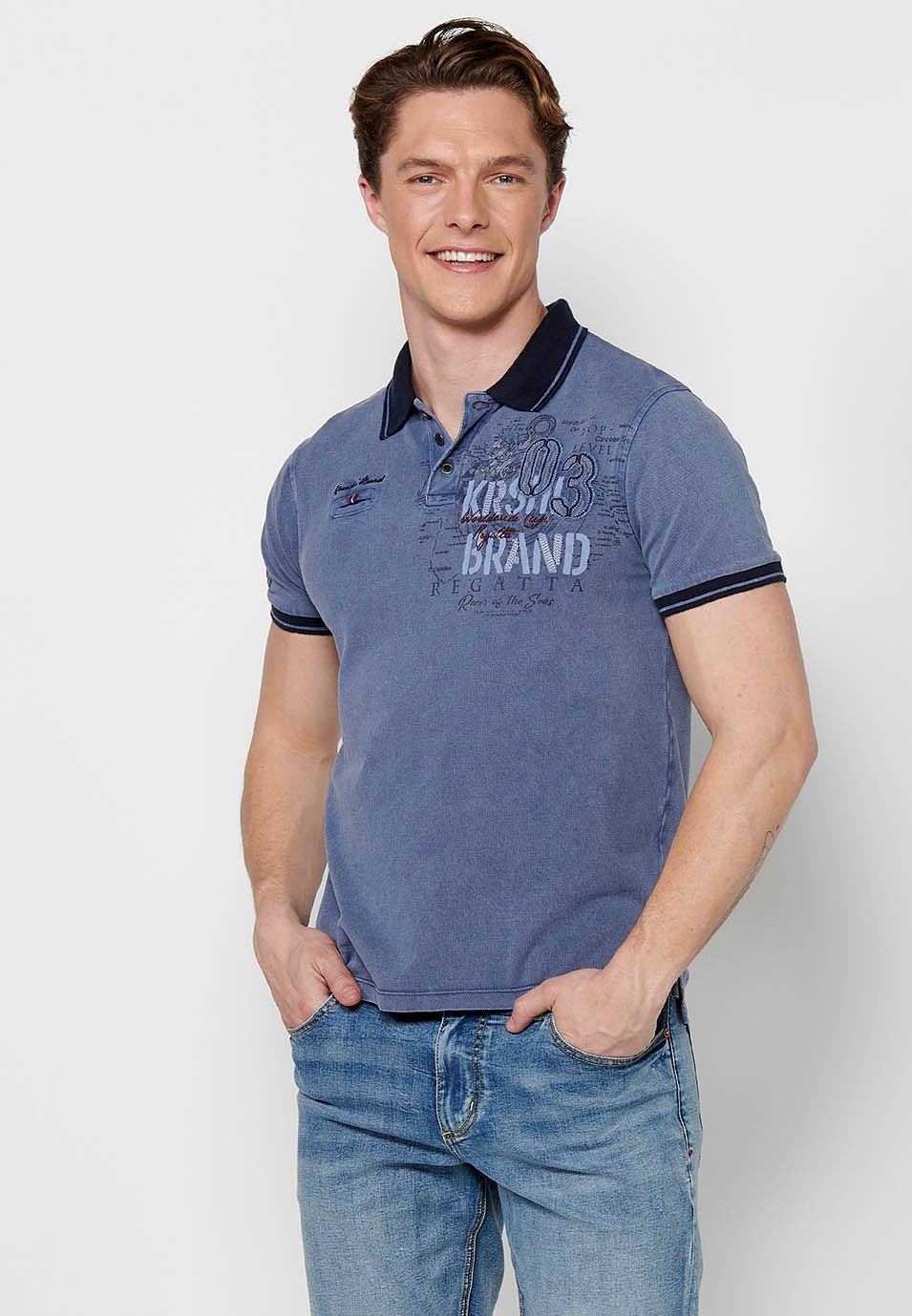 Kurzarm-Poloshirt aus Baumwolle, Hemdkragen mit Knöpfen, blaue Farbe für Herren