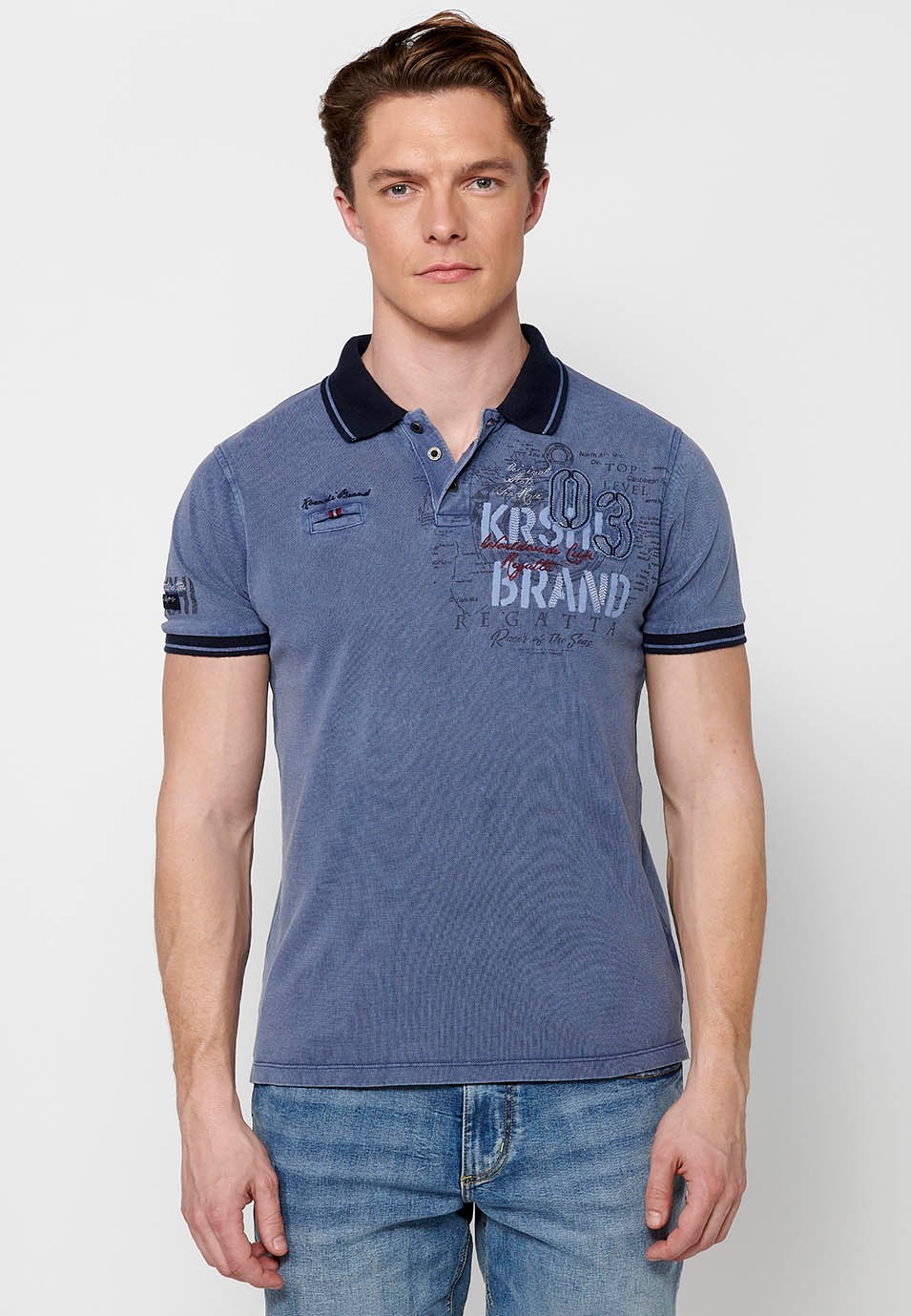 Kurzarm-Poloshirt aus Baumwolle, Hemdkragen mit Knöpfen, blaue Farbe für Herren