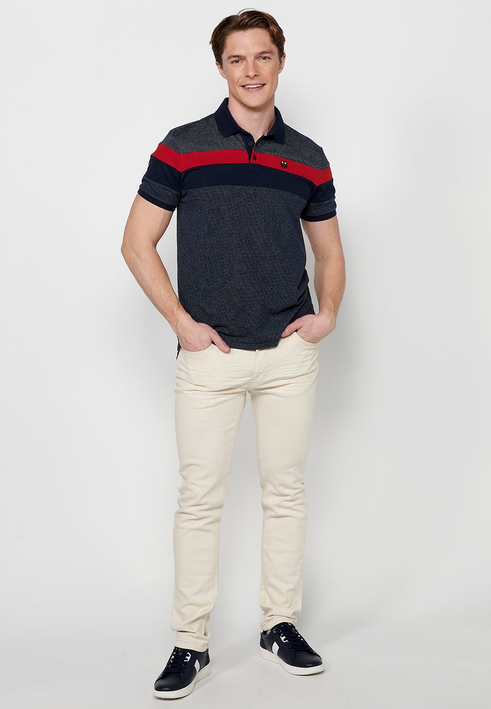 Polo à manches courtes, à rayures bicolores, noir et rouge pour homme