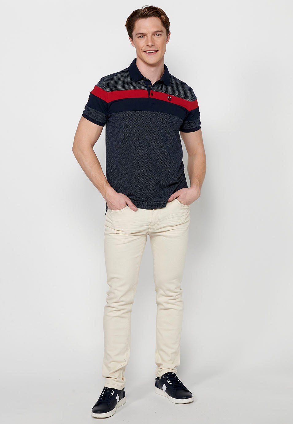 Short-sleeved polo shirt, with stripes in two colors, black and red for men