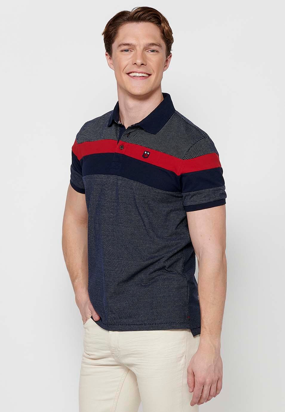 Short-sleeved polo shirt, with stripes in two colors, black and red for men