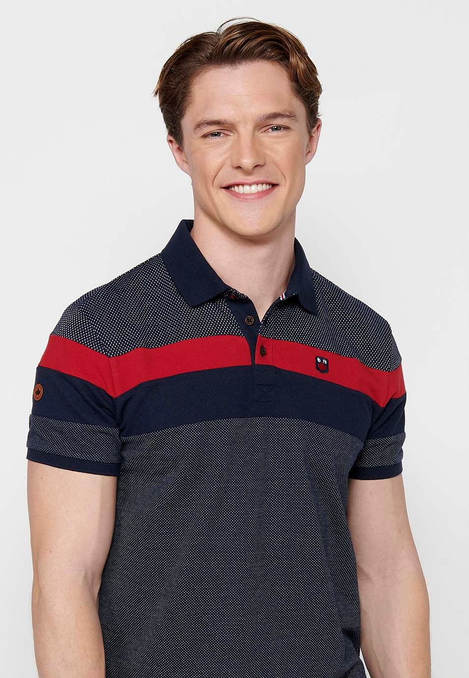 Short-sleeved polo shirt, with stripes in two colors, black and red for men