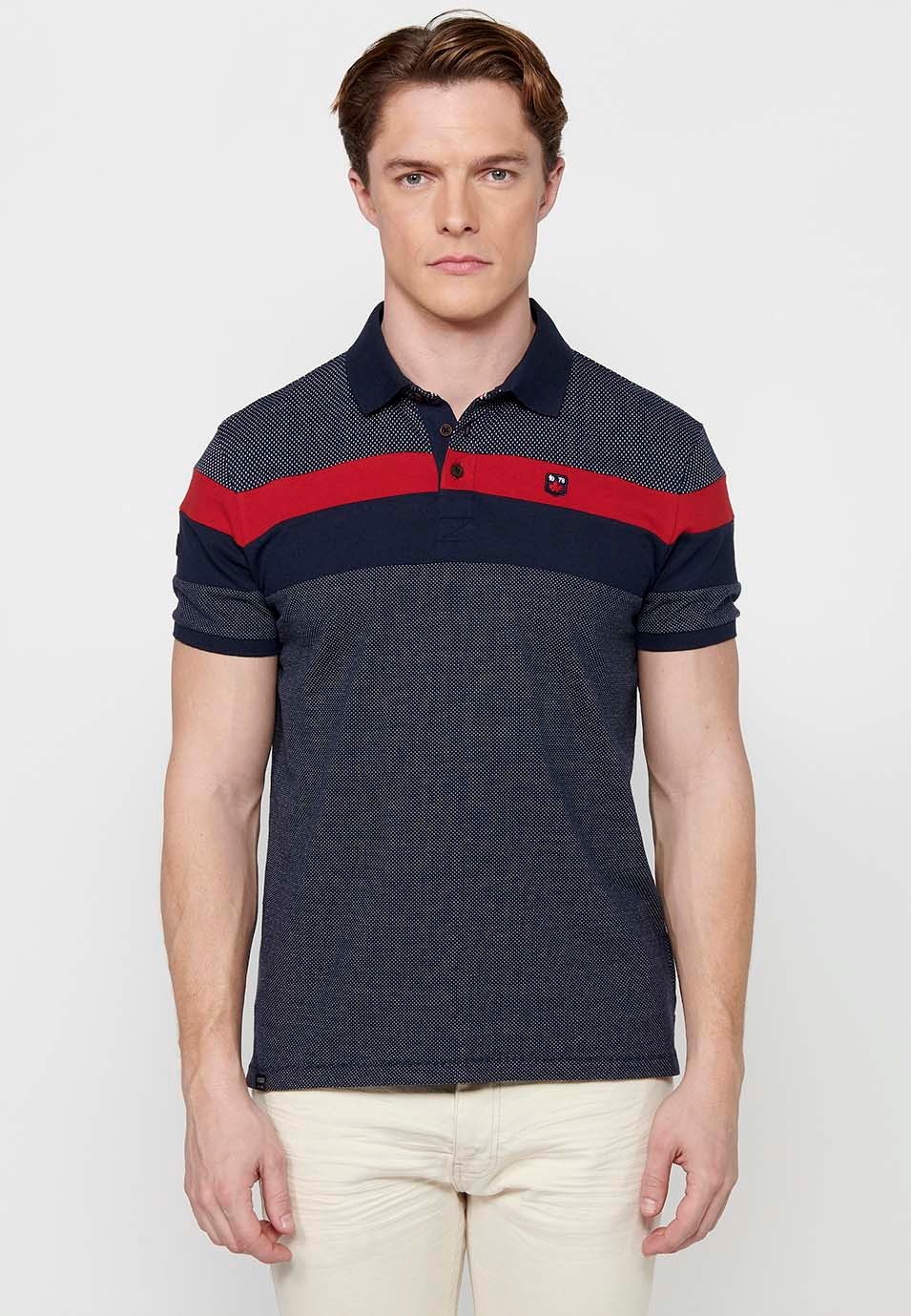 Short-sleeved polo shirt, with stripes in two colors, black and red for men