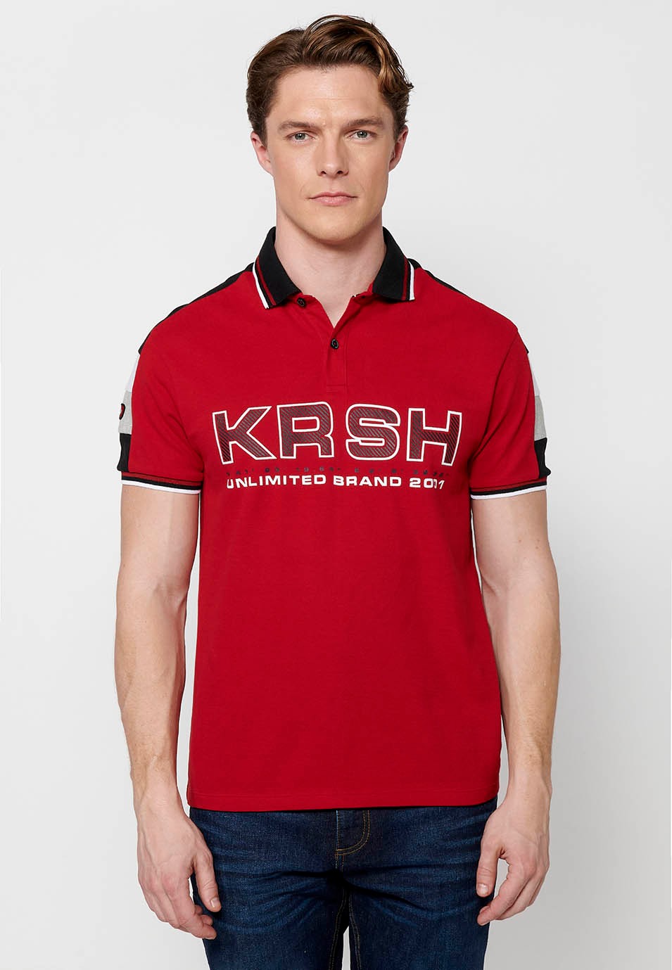 Kurzärmliges Baumwoll-Poloshirt mit Hemdkragen mit Knöpfen und Vorderdetail mit gerippten Ärmeln und Seitenschlitzen in Rot für Herren 2