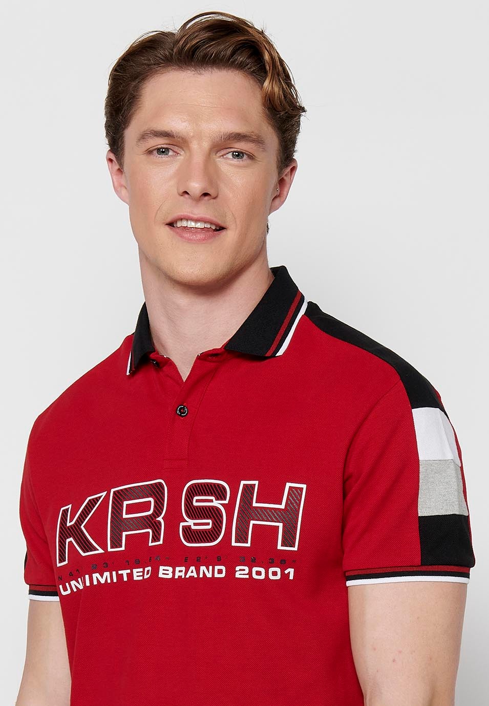Kurzärmliges Baumwoll-Poloshirt mit Hemdkragen mit Knöpfen und Vorderdetail mit gerippten Ärmeln und Seitenschlitzen in Rot für Herren 5
