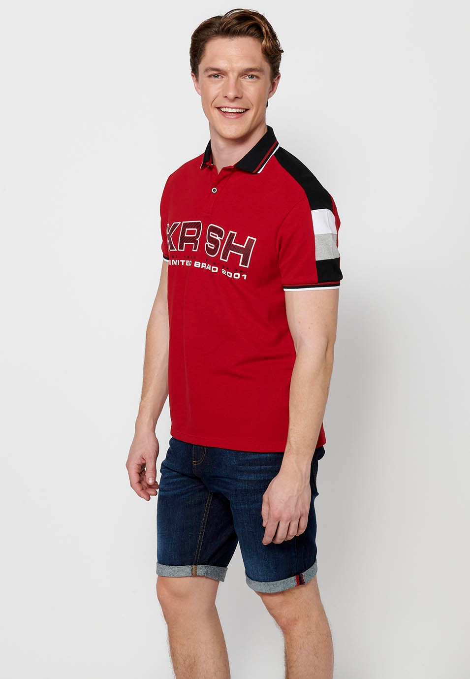 Kurzärmliges Baumwoll-Poloshirt mit Hemdkragen mit Knöpfen und Vorderdetail mit gerippten Ärmeln und Seitenschlitzen in Rot für Herren 6