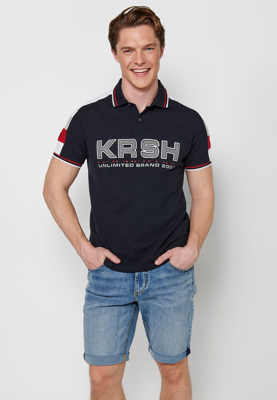 Short-sleeved cotton polo shirt with buttoned shirt collar and front detail with sleeves finished in rib and finished with side slits in Navy Color for Men