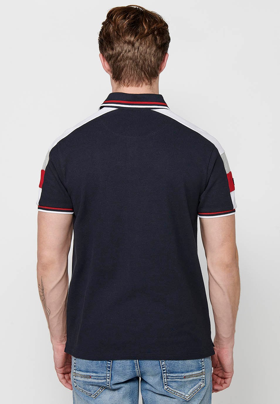 Short-sleeved cotton polo shirt with buttoned shirt collar and front detail with sleeves finished in rib and finished with side slits in Navy Color for Men 6