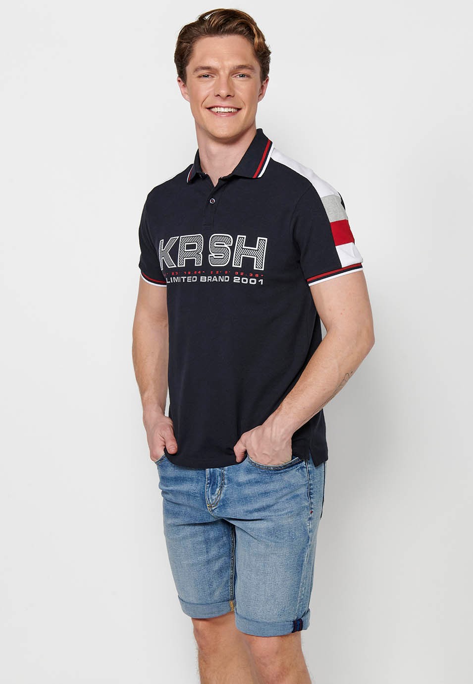 Kurzärmliges Baumwoll-Poloshirt mit Hemdkragen mit Knöpfen und Vorderdetail mit Rippenärmeln und Seitenschlitzen in Marineblau für Herren 2