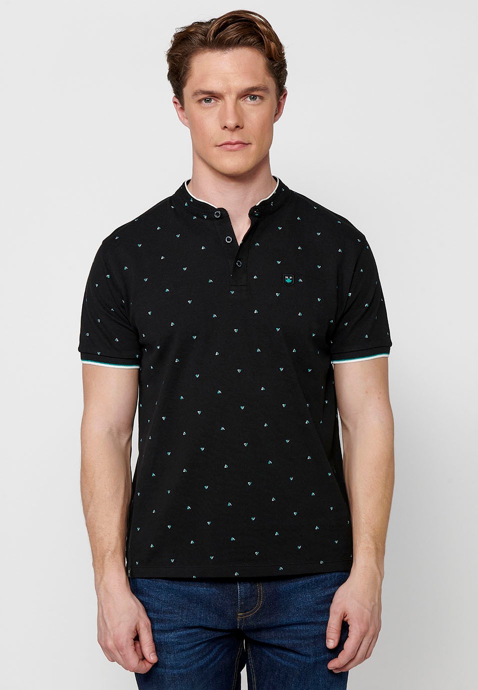 Short-sleeved Cotton Polo with Round Neck with buttoned opening and Finished with Side Cuts in Black for Men 2