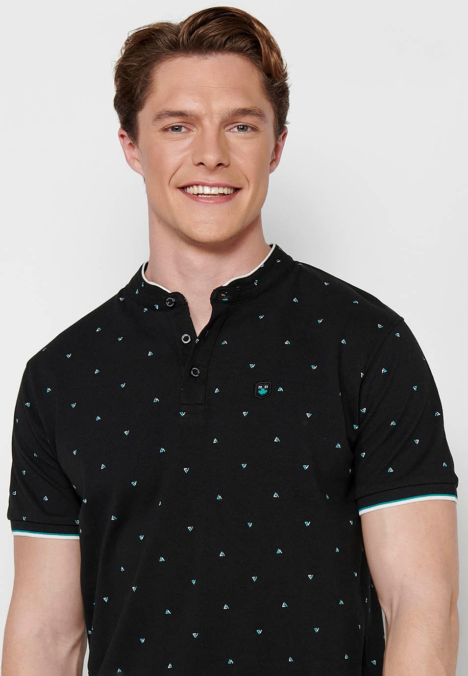 Short-sleeved Cotton Polo with Round Neck with buttoned opening and Finished with Side Cuts in Black for Men 3