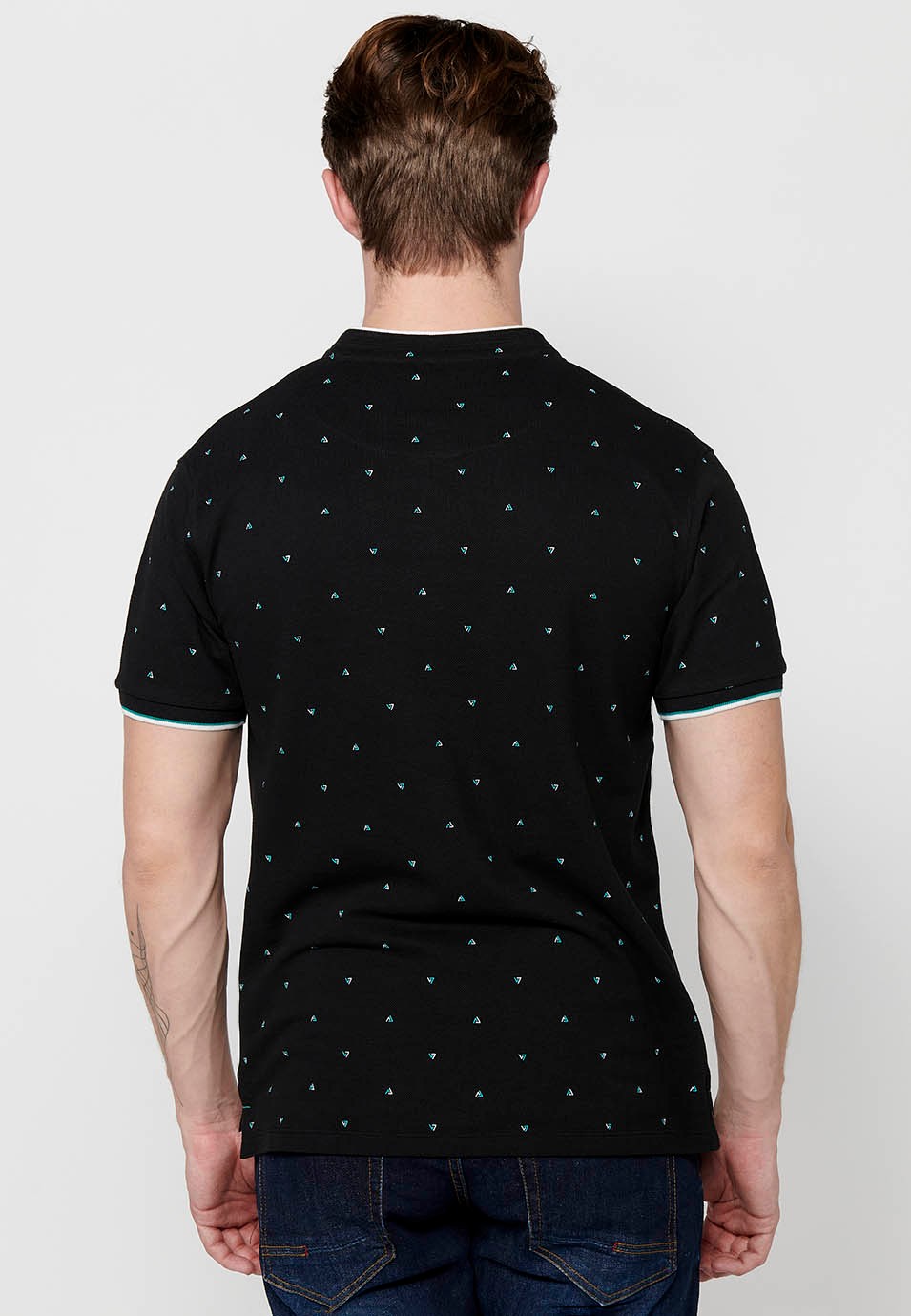 Kurzärmliges Baumwoll-Poloshirt mit Rundhalsausschnitt, geknöpfter Öffnung und seitlichen Schnitten in Schwarz für Herren 5