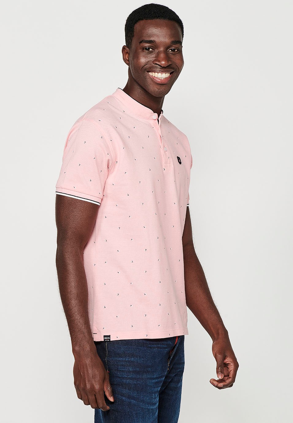 Short-sleeved Cotton Polo with Round Neck with buttoned opening and Finished with Side Cuts in Pink for Men