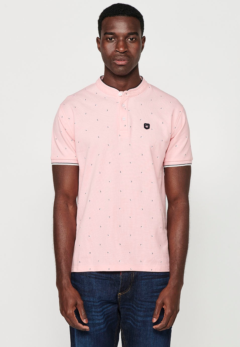 Short-sleeved Cotton Polo with Round Neck with buttoned opening and Finished with Side Cuts in Pink for Men 4