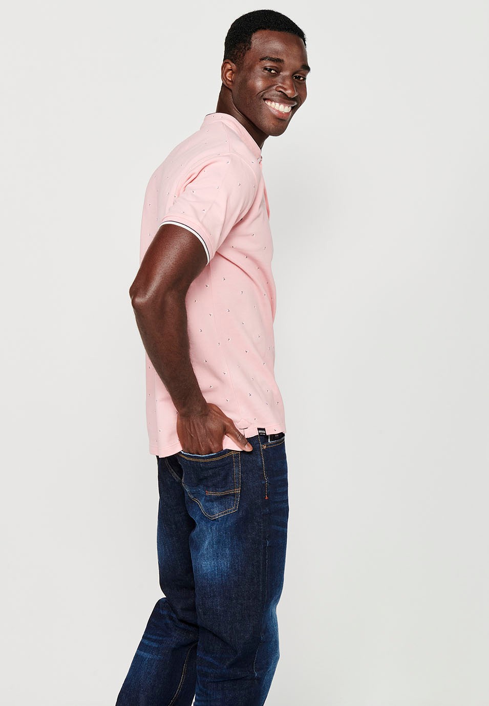 Short-sleeved Cotton Polo with Round Neck with buttoned opening and Finished with Side Cuts in Pink for Men 6