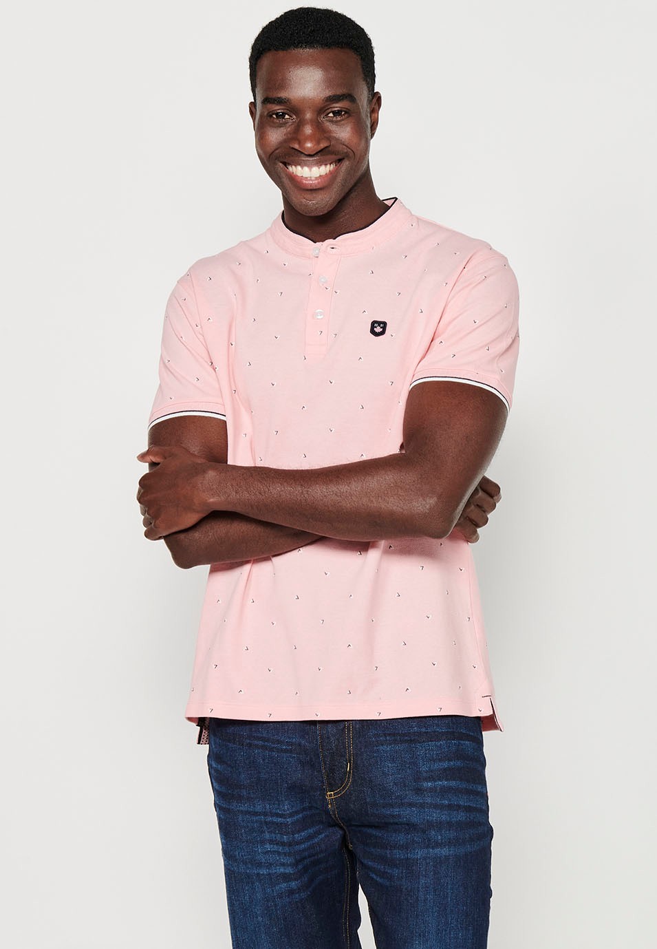 Short-sleeved Cotton Polo with Round Neck with buttoned opening and Finished with Side Cuts in Pink for Men 1