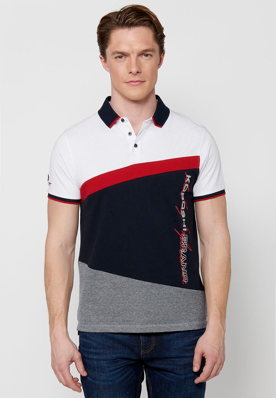 Short-sleeved cotton polo shirt with white buttons for men