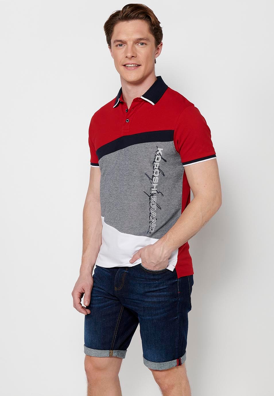 Short-sleeved cotton polo shirt with shirt collar with buttons in Red for Men