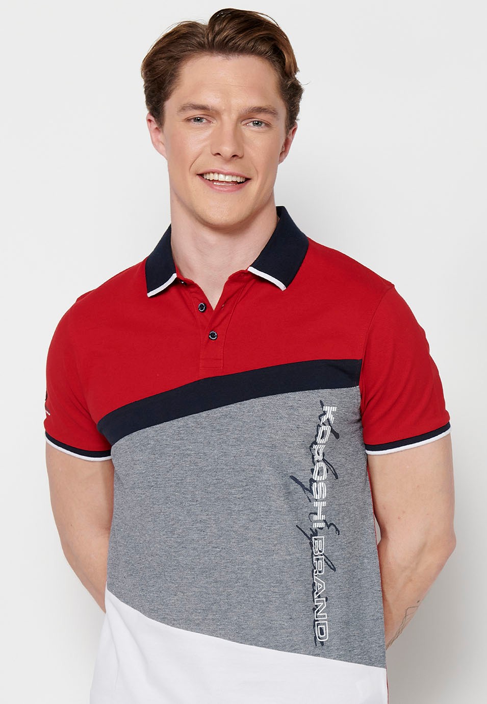Short-sleeved cotton polo shirt with shirt collar with buttons in Red for Men 4