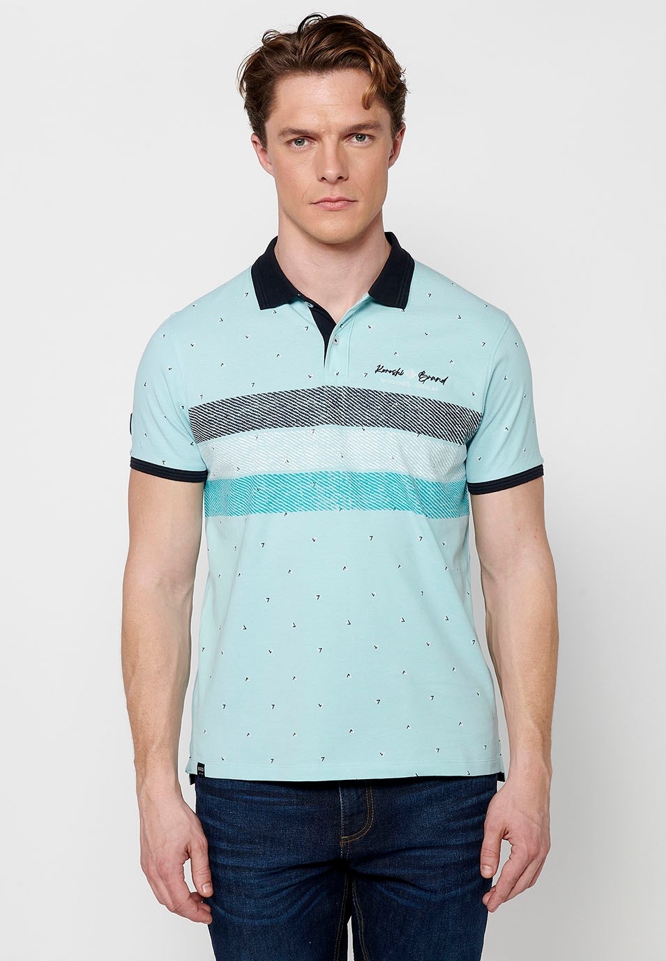 Kurzärmliges Baumwoll-Poloshirt mit Hemdkragen und Abschluss mit Seitenschlitzen in Blau für Herren 6