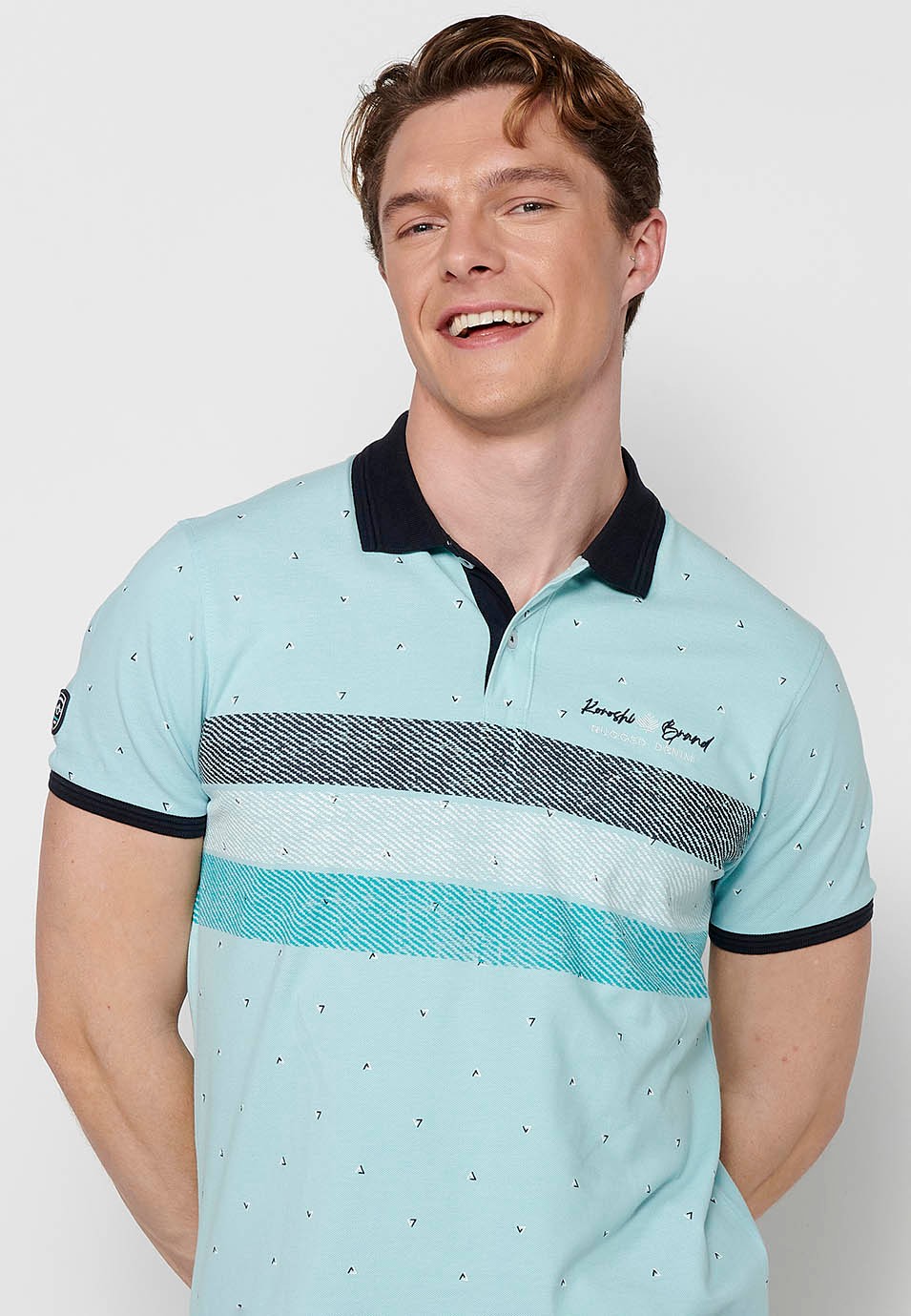 Short-sleeved Cotton Polo with Shirt Collar and Finish with Side Slits in Blue for Men 1