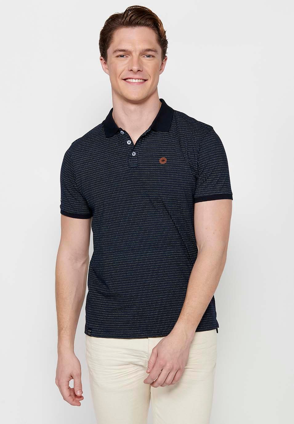 Short-sleeved cotton polo shirt with ribbed finish and buttoned shirt collar with printed fabric and finished with side slits by Navy for Men