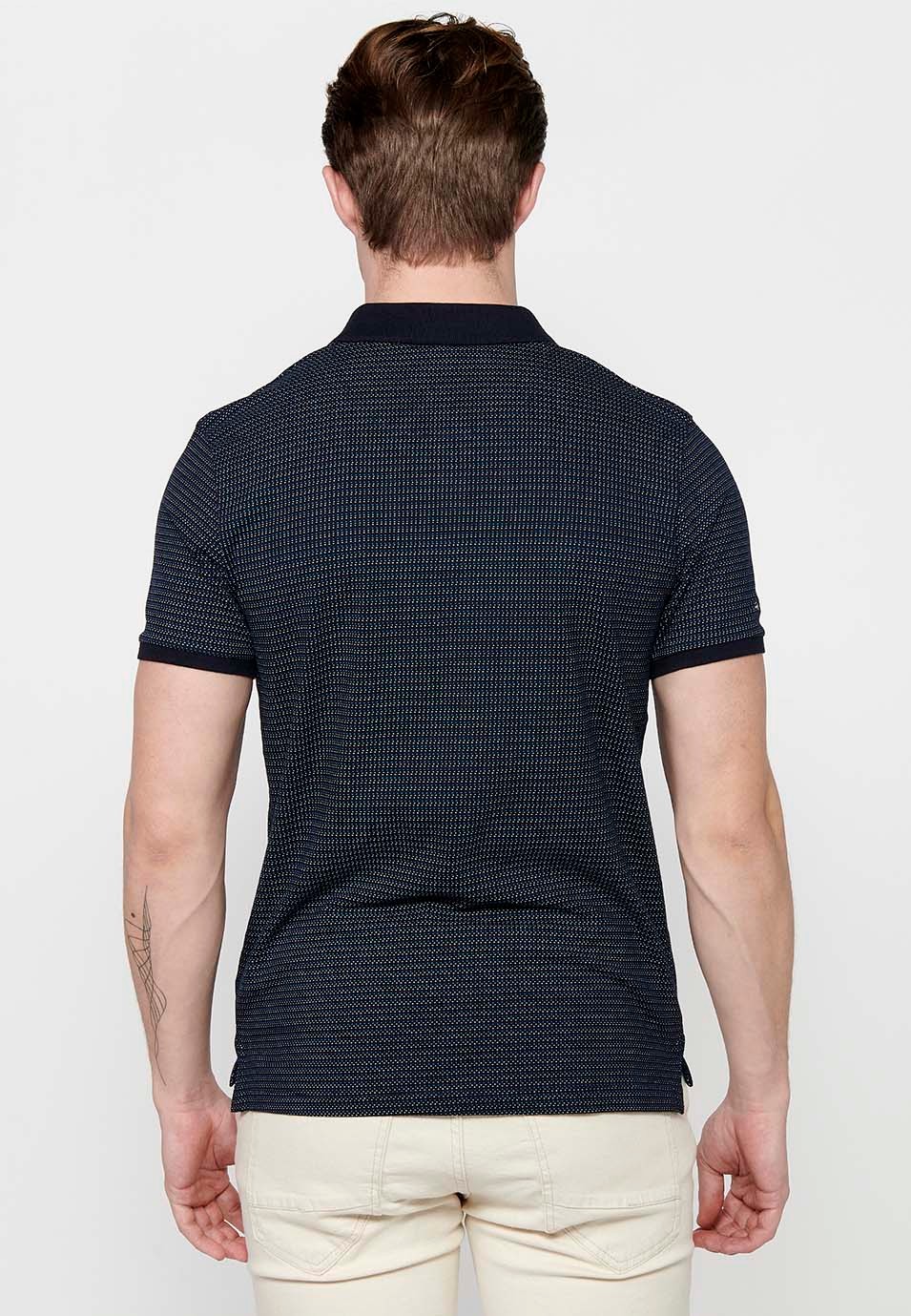Kurzärmliges Baumwoll-Poloshirt mit geripptem Finish und geknöpftem Hemdkragen mit bedrucktem Stoff und Seitenschlitzen von Navy für Herren