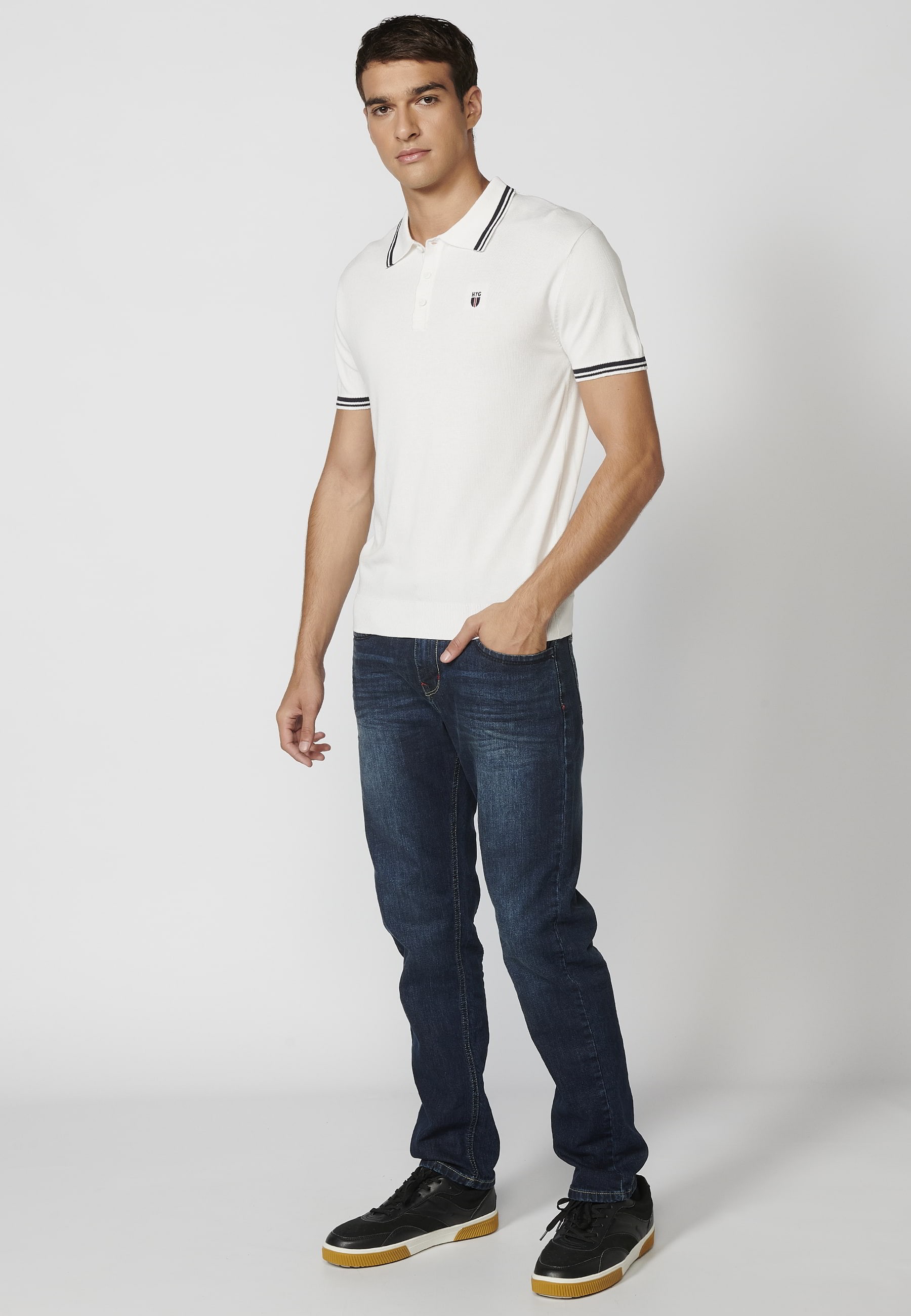 Short-sleeved knitted polo shirt with shirt collar in Ecru for Men