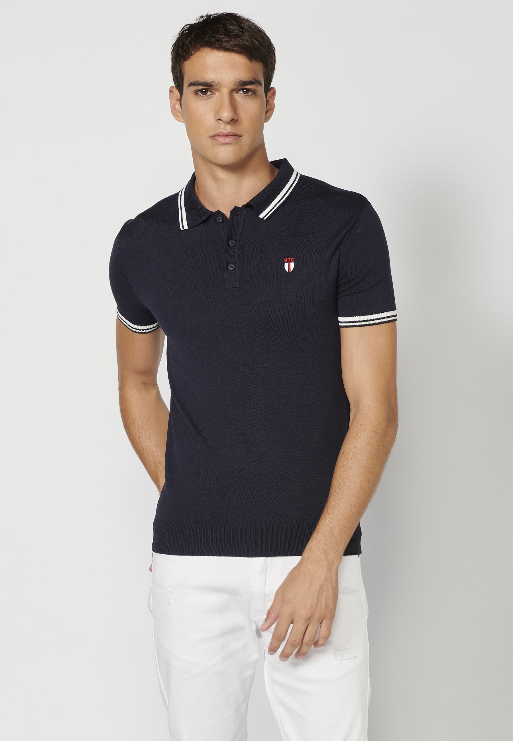 Navy short-sleeved knitted polo shirt with shirt collar for Men