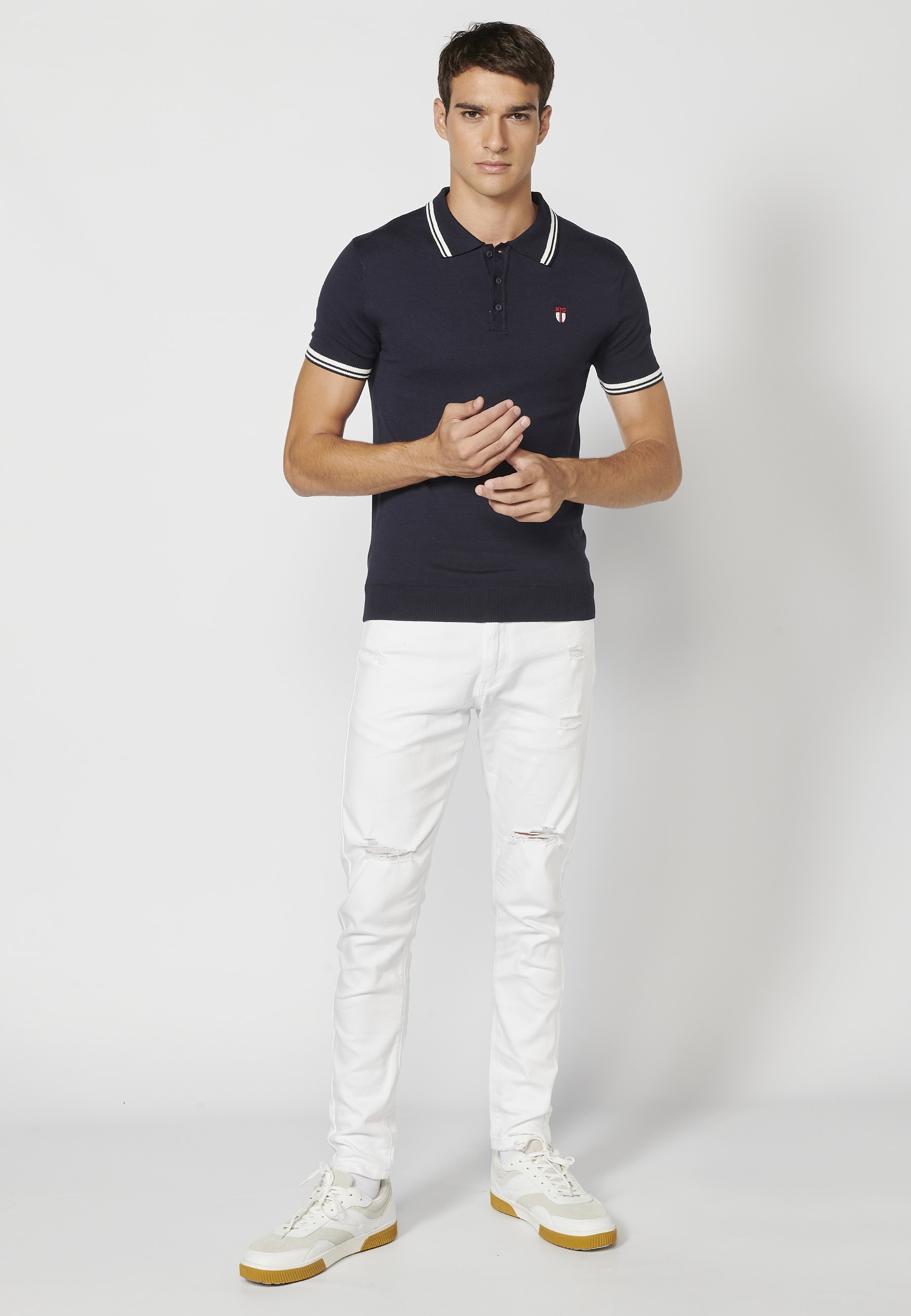 Polo manga corta de punto con cuello camisero color navy para hombre | Ropa Casual
