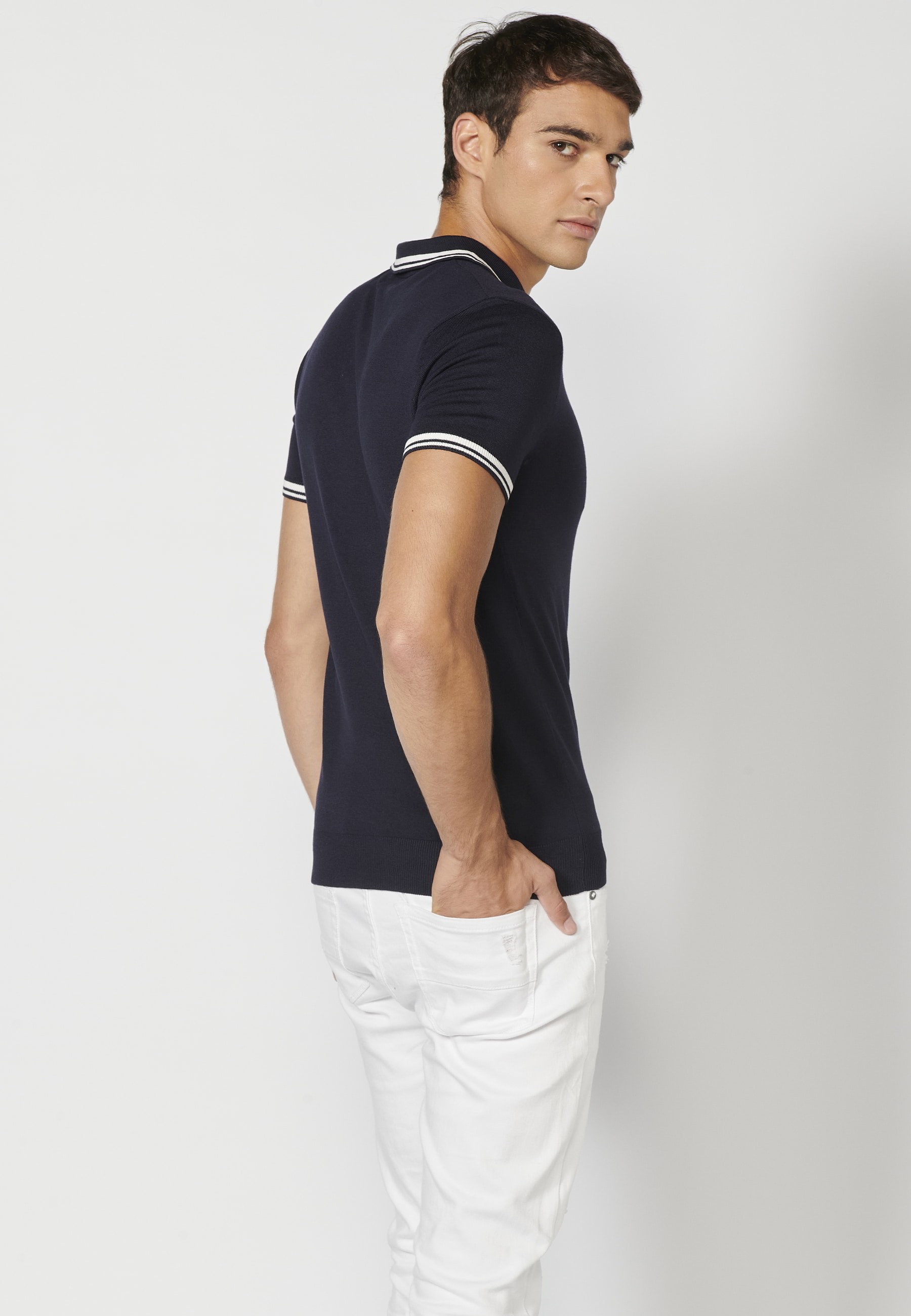 Marineblaues Kurzarm-Strickpoloshirt mit Hemdkragen für Herren