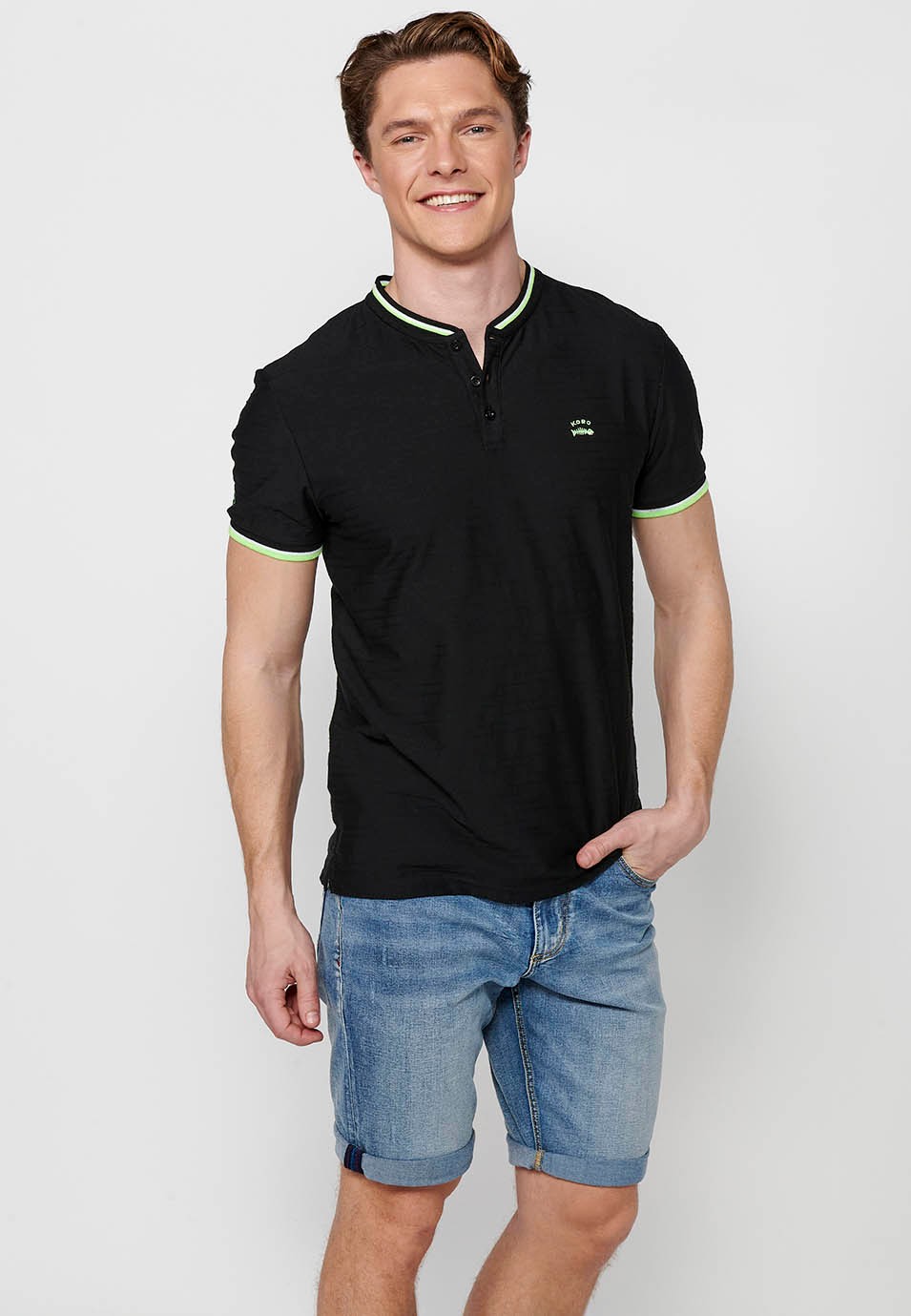 Short-sleeved Polo Shirt with Round Neck with buttoned opening and Finish with side slits in Black for Men 7