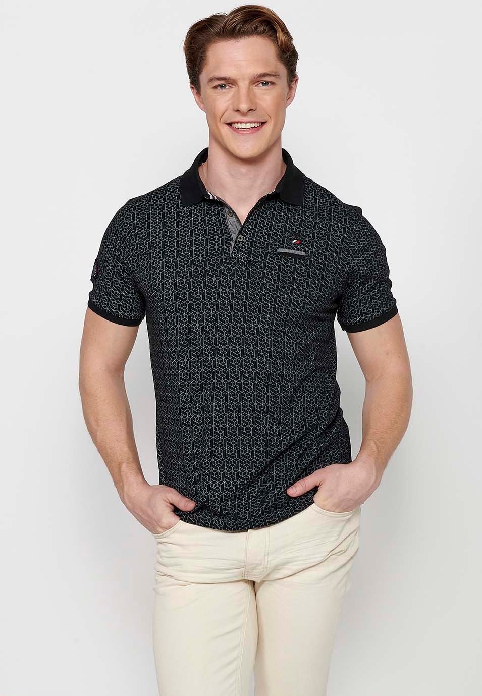 Kurzärmliges Baumwoll-Poloshirt mit Hemdkragen und schwarzem Aufdruck für Herren 8