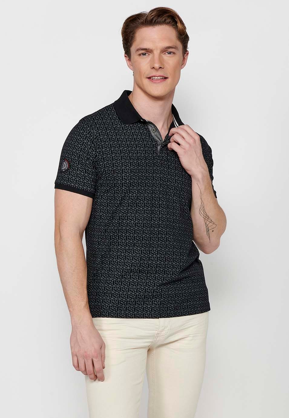 Kurzärmliges Baumwoll-Poloshirt mit Hemdkragen und schwarzem Aufdruck für Herren