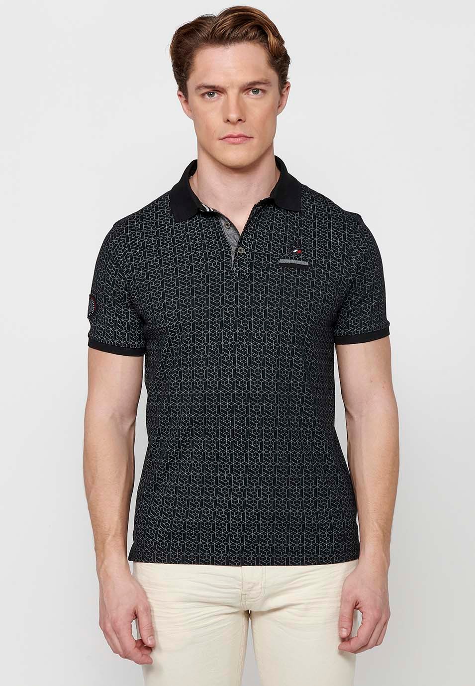 Kurzärmliges Baumwoll-Poloshirt mit Hemdkragen und schwarzem Aufdruck für Herren 3