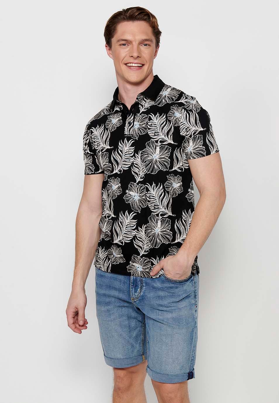 Short-sleeved Cotton Polo Shirt with Ribbed Finish and Shirt Collar with Buttons and Tropical Print in Black for Men