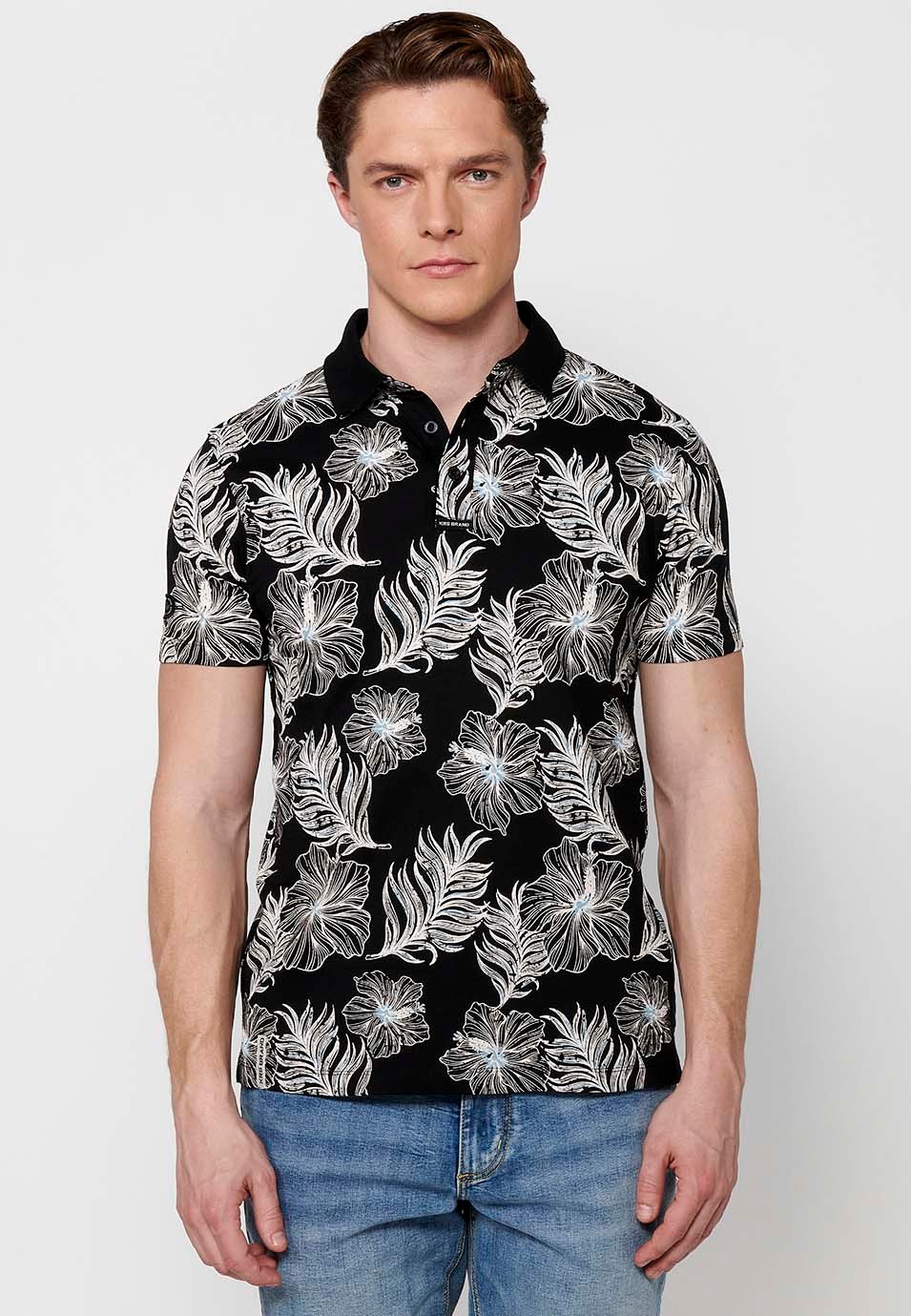 Short-sleeved Cotton Polo Shirt with Ribbed Finish and Shirt Collar with Buttons and Tropical Print in Black for Men 2