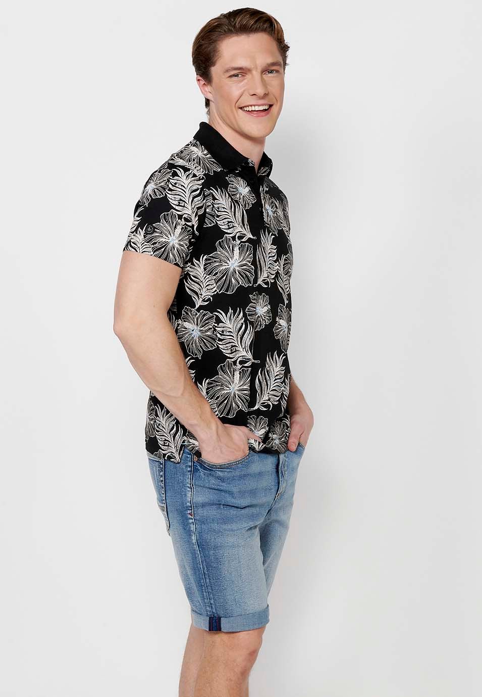 Short-sleeved Cotton Polo Shirt with Ribbed Finish and Shirt Collar with Buttons and Tropical Print in Black for Men 6