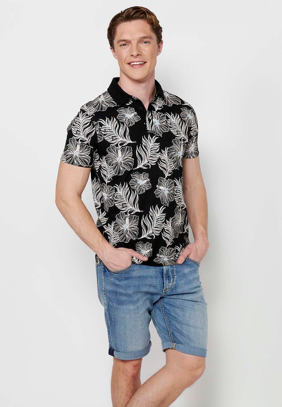 Short-sleeved Cotton Polo Shirt with Ribbed Finish and Shirt Collar with Buttons and Tropical Print in Black for Men 8