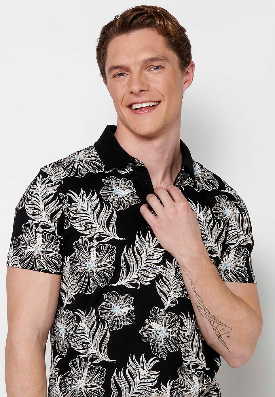 Short-sleeved Cotton Polo Shirt with Ribbed Finish and Shirt Collar with Buttons and Tropical Print in Black for Men 5