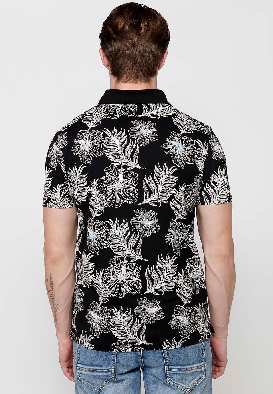 Short-sleeved Cotton Polo Shirt with Ribbed Finish and Shirt Collar with Buttons and Tropical Print in Black for Men 1